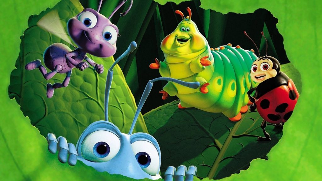 Personagens de Vida de Inseto, da Pixar, olhando para a câmera através de uma folha. - Otageek
