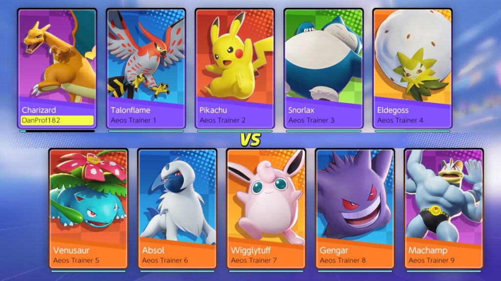 Tela de carregamento de pokémon unite, mostrando os pokémons de cada equipe