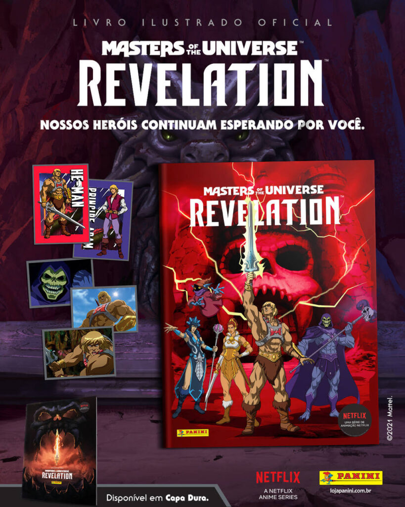 Cartaz promocional do Album de figurinhas da Editora Panini, Masters of the Universe: Revelation. - Otageek