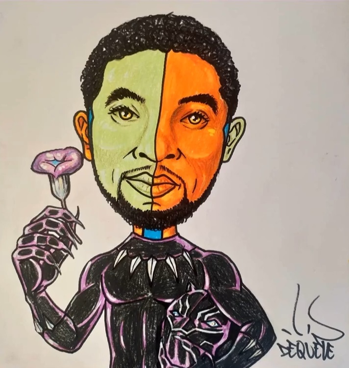 Chadwick Boseman, vestido de Pantera Negra, segura uma flor com a mão direita, no traço de Dequete.