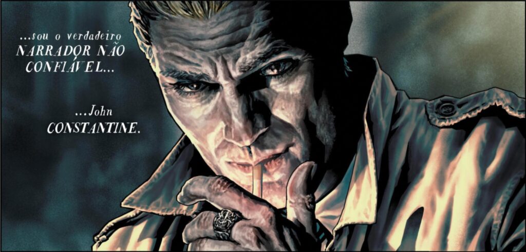 Close do rosto de John Constantine em Batman: Amaldiçoado.