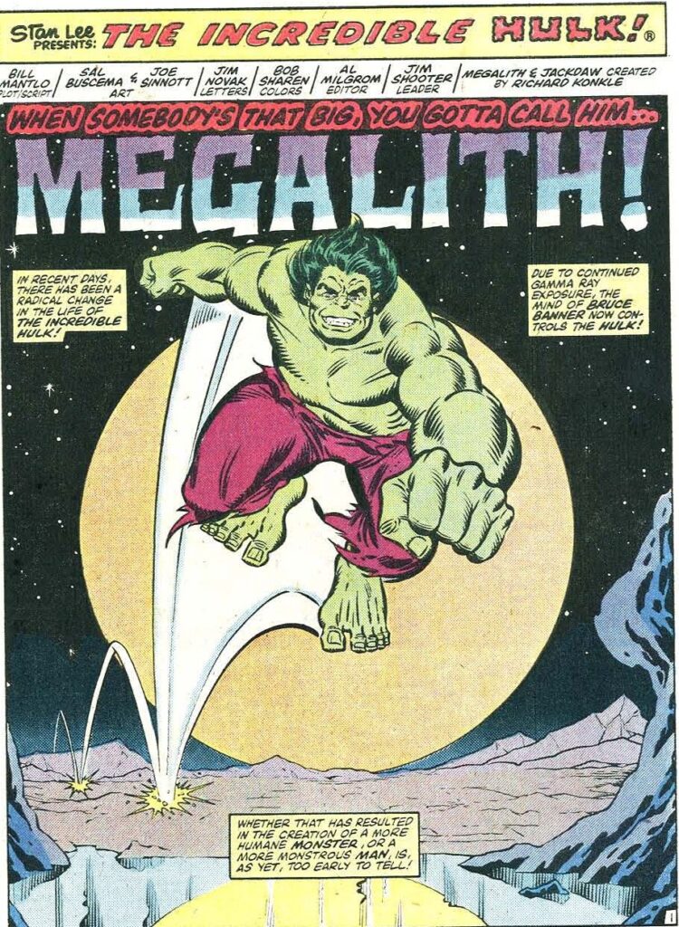 Hulk dá um de seus mega saltos no deserto de Nevada sob a luz da lua cheia, no traço de Sal Buscema. 