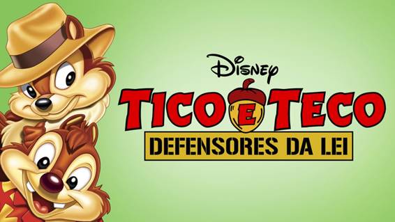 Imagem promocional da série "Tico e Teco: Defensores da Lei". Nela, vemos Tico e Teco à esquerda, com um fundo verde e, centralizado mais próximo da direita, um letreiro com o nome da série. Tico tem o nariz pequeno e preto e está acima, usando um chapéu de investigador de filme noir. Abaixo, está teco, com seu nariz grande e vermelho e uma camiseta da mesma cor.