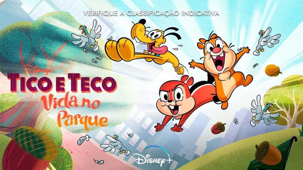 Imagem promocional da série animada "Tico e Teco: Vida no Parque". Nela, vemos os personagens-título, dois esquilos, aparentemente pulando/correndo. À esquerda deles, o cachorro Pluto pula, com a língua para fora, espantando pombas de parque e fazendo nozes voarem. 