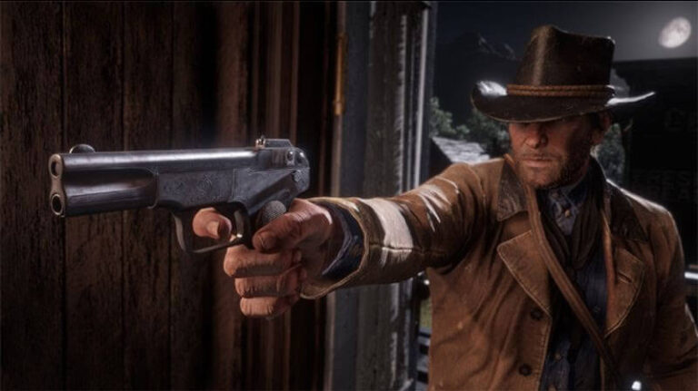 Cena de Red Dead Redemption com personagem mostrando arma