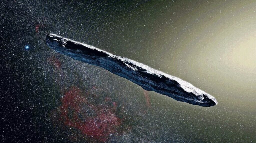 Oumuamua, um objeto longo, fino e prateado