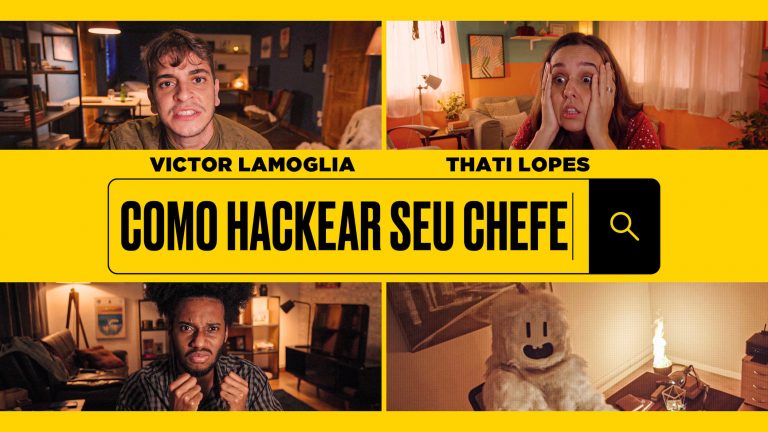 Victor Lamoglia, Thati Lopes e Esdras Saturnino em imagem promocional de Como Hackear Seu Chefe