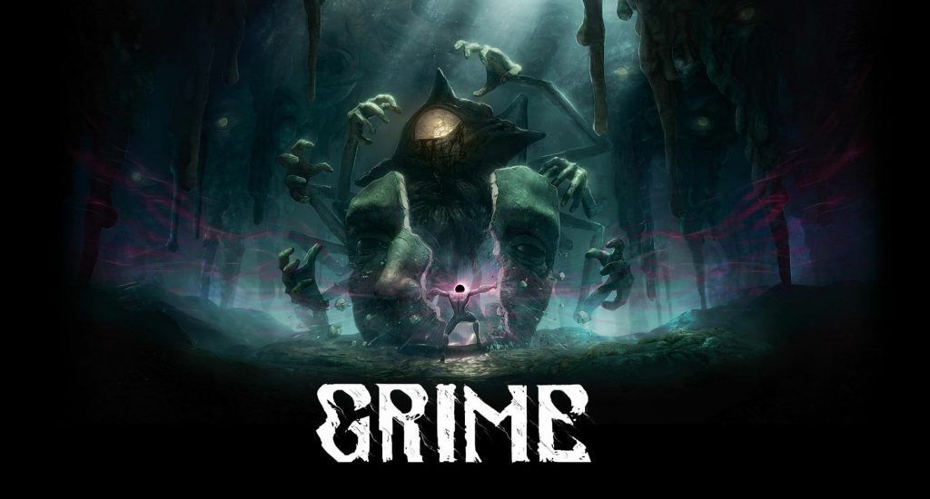 Capa do jogo Grime mostra o protagonista escancarando as defesas do primeiro chefe, Amálgama, numa cena que alude à derrubada das colunas do templo, por Sansão.