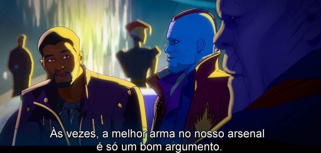 T'Challa conta aos outros do grupo que "Às vezes, a melhor arma no nosso arsenal é só um bom argumento."