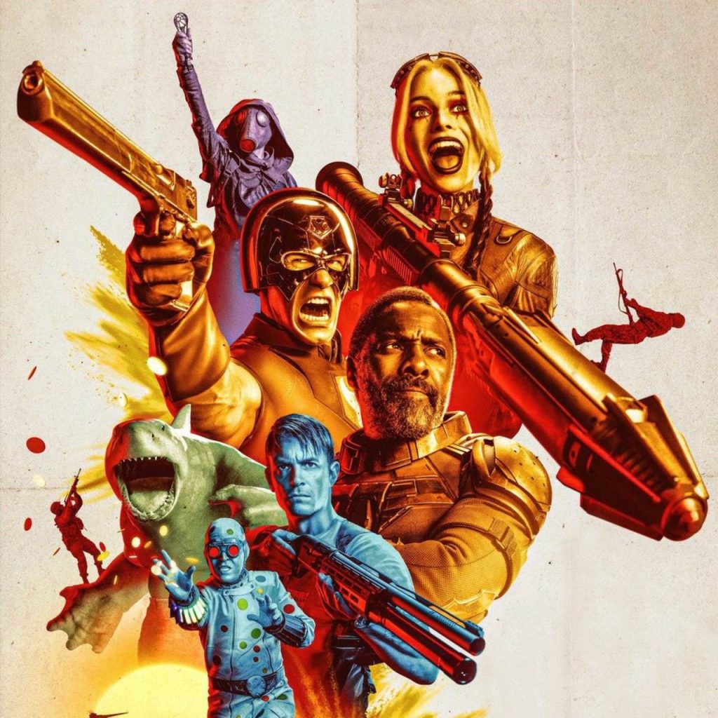 Poster do filme "Esquadrão Suicida", de 2021, pela Warner Bros, com os personagens em primeiro plano, principalmente o Pacificador, Sanguinário e a Arlequina.