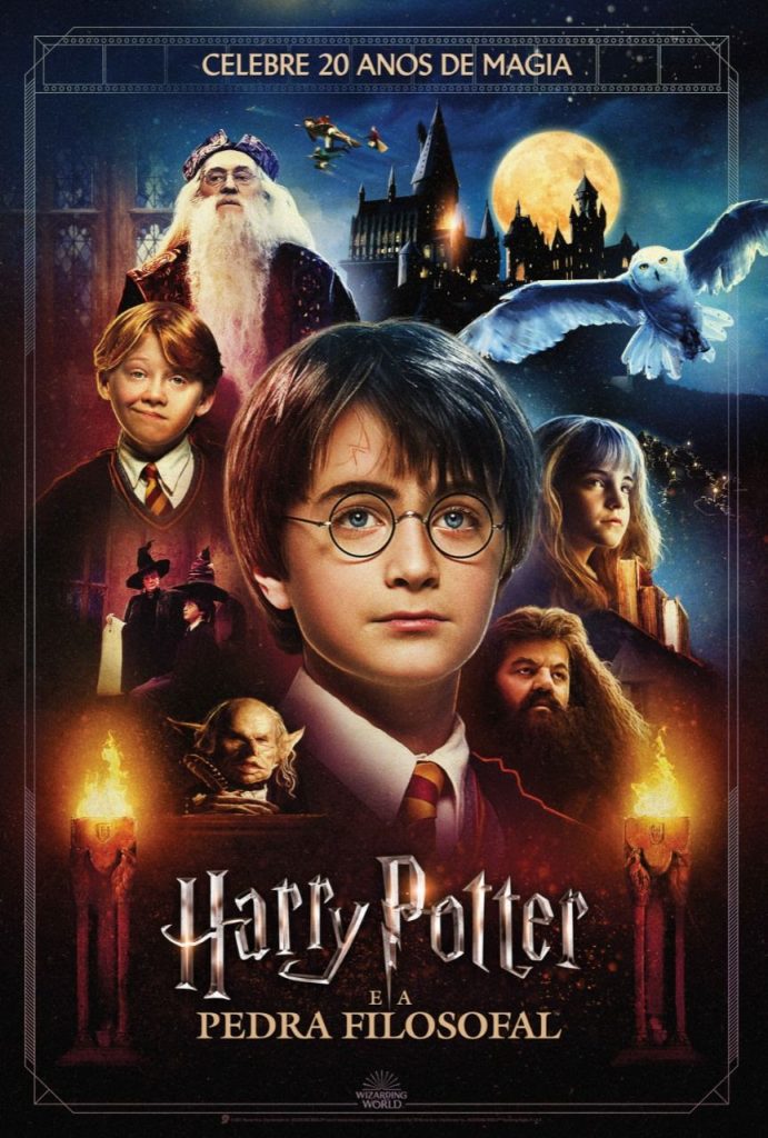 Box Art do filme "Harry Potter e a Pedra Filosofal" com a presença de seus personagens mais icônicos.