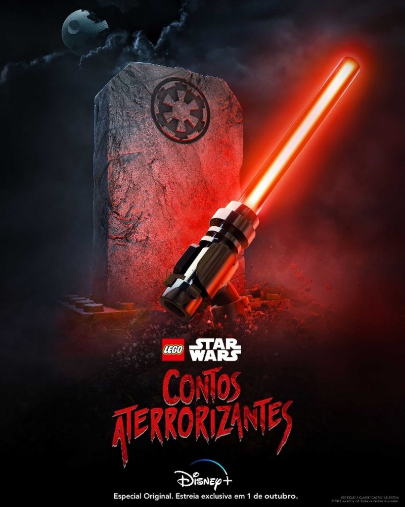 Imagem promocional da série "Lego® Star Wars – Contos Aterrorizantes". Nela, vemos uma lápide com o símbolo do Império, a Estrela da Morte no Céu envolta por nuvens como se fosse a Lua, e uma mão saindo do chão, de frente à lápide, empunhando um sabre de luz vermelho. 