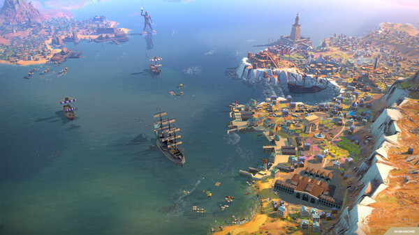 Uma cidade e navios em volta no jogo Humankind