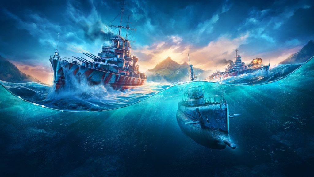 Imagem promocional de "World of Warships". Nela, vemos em alto mar três navios: o da esquerda, com os canhões apontados para a frente; o do centro, afundando; e o da direita, com uma explosão.