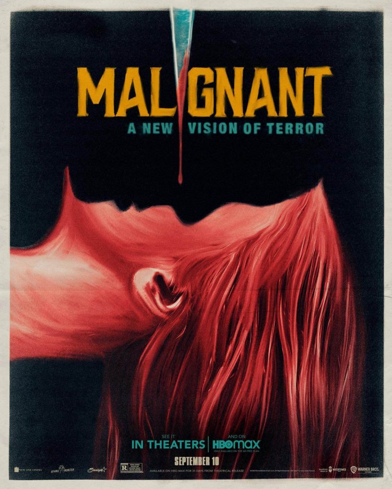 Poster de malignant que postra uma faca apontando para uma cabeça sem rosto