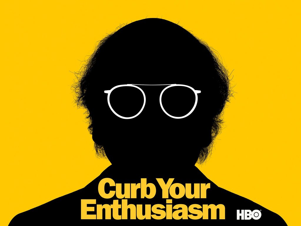 Pôster de Curb Your Enthusiasm com a sombra de Larry David em um fundo amarelo - Curb Your Enthusiasm - Temporada 11 Estreia dia 24 de Outubro - Otageek