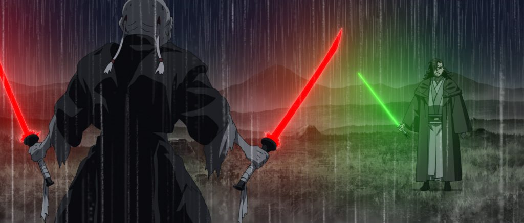 batalha de sabres de luz na chuva em Star Wars Visions Episodio 7 - o ancião