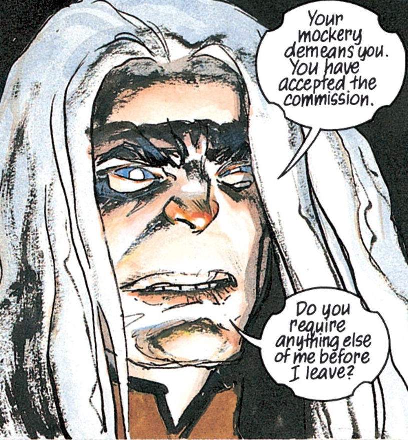 Close do Amenadiel dos quadrinhos, grisalho, com cabelos compridos e olhos azuis, não nas pupilas, mas na parte branca dos olhos pragueja contra Lúcifer.