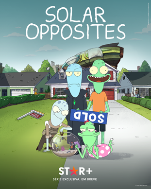 Imagem promocional de nova série da Star+ 'Solar Opposites' que mostra uma animação de uma família de alienígenas em frente a uma casa.  