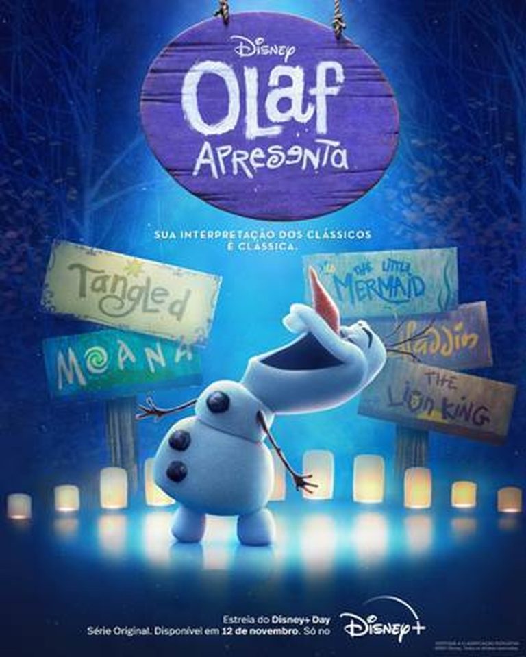 No pôster, personagem Olaf, da animação Frozen está em banner promocional de Disney + Olaf apresenta