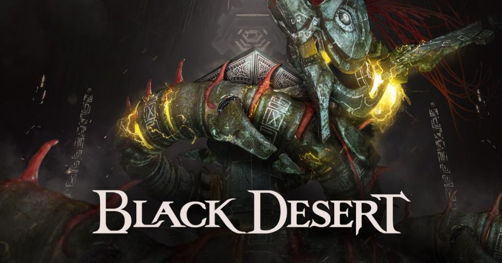 Pôster de Black Desert mostrando um grande monstro escuro e comprido, como uma enorme lacraia.