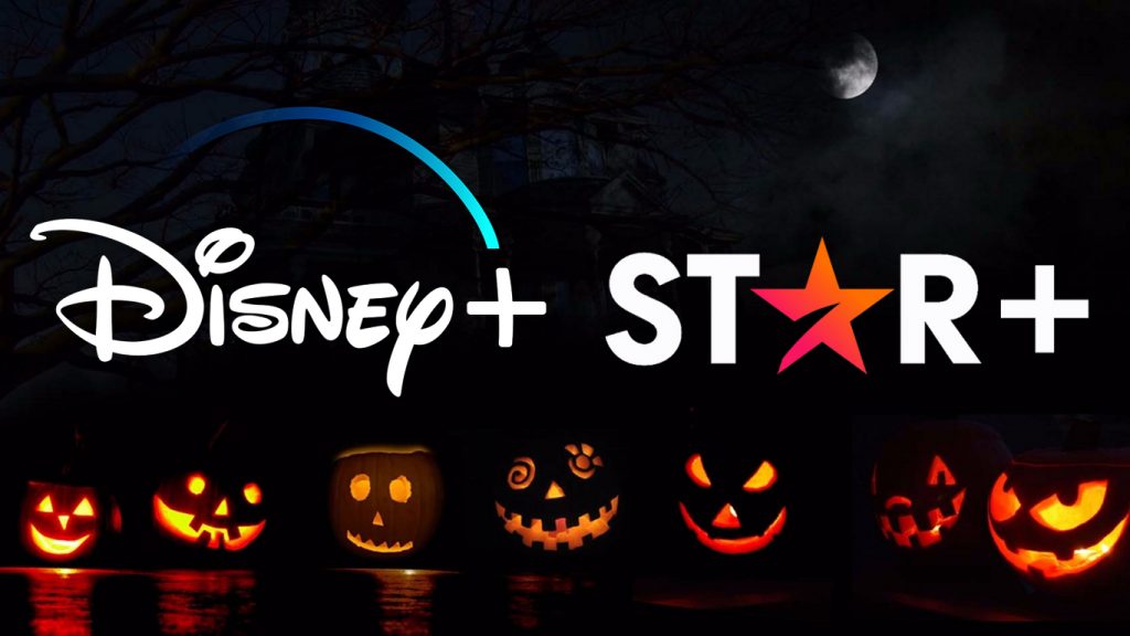 Poster promocional com as logos do Disney+ e Star+ com a temática Halloween