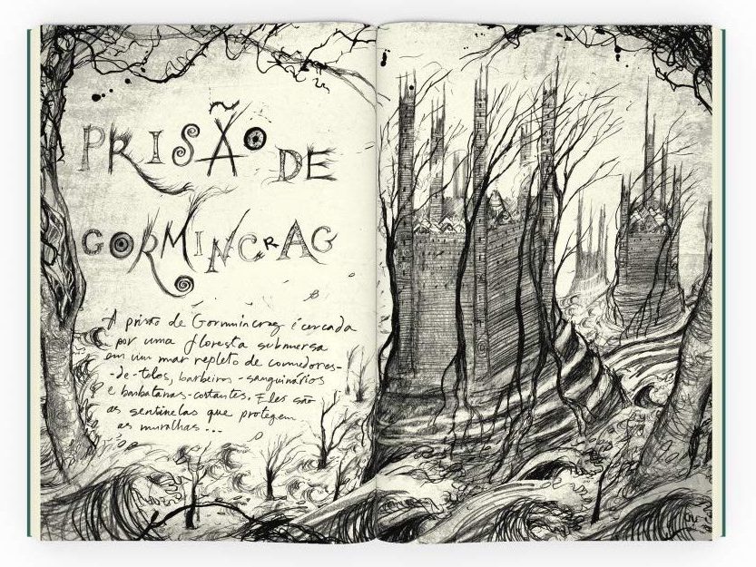 A ilustração da Prisão de Gormincrag com uma descrição no lado esquerdo e a ilustração da prisão a direita , mostrando um castelo com mar em volta.