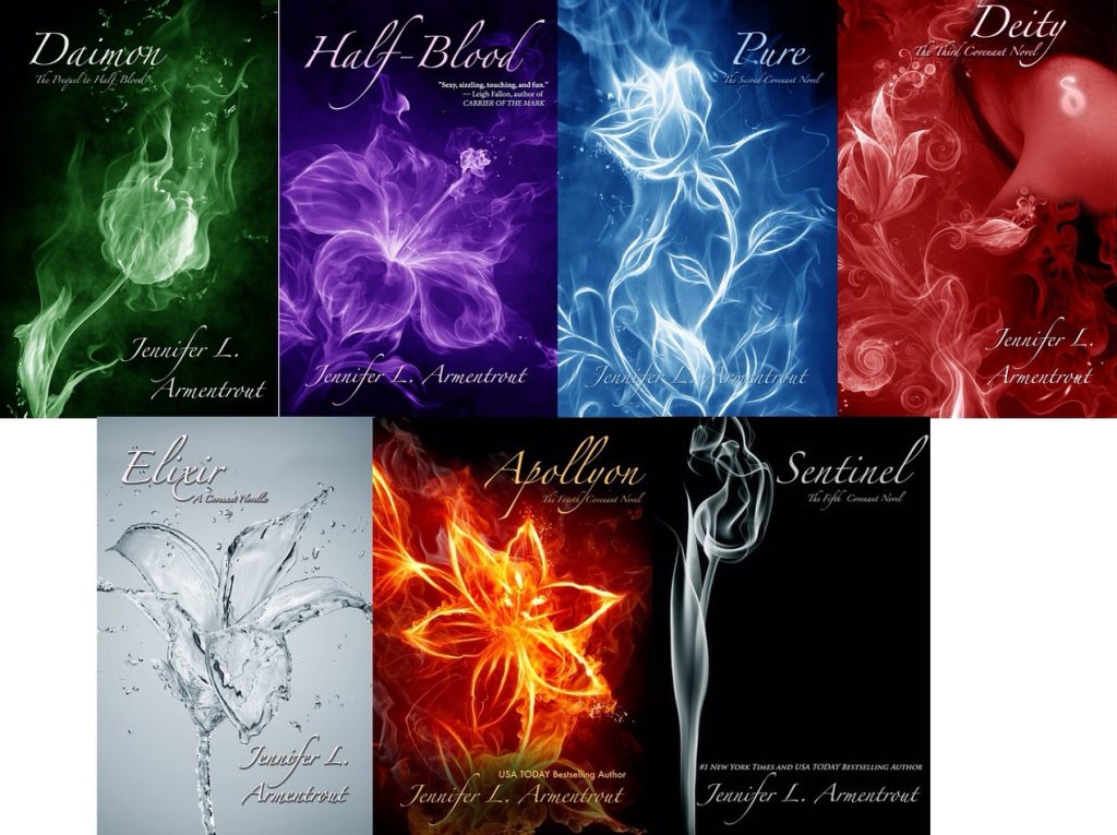 capas de todos os sete livros da saga covenant, mas elas apenas contêm flores abstratas em espectro