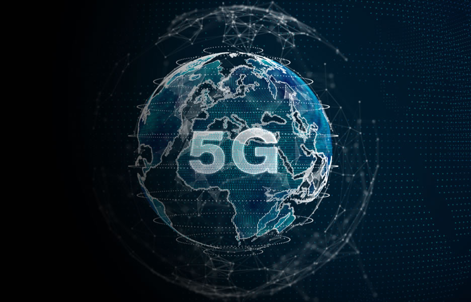 Ilustração do planeta Terra mostrando as conexões de internet via 5G.