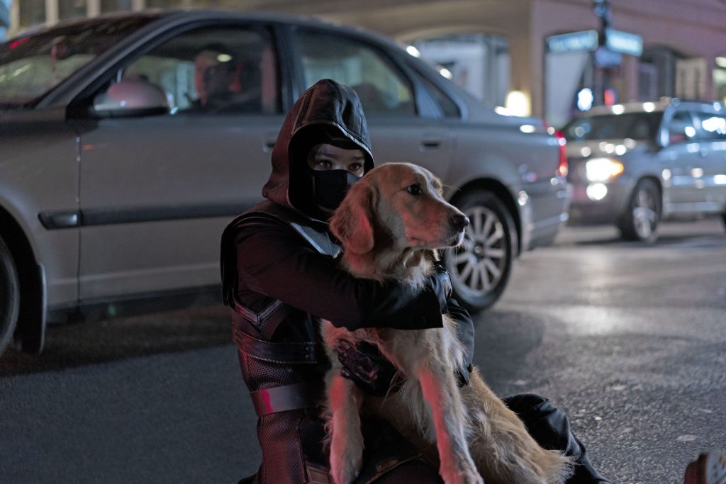 Mulher encapuzada de preto, abraçando um cachorro no meio da rua, carrosao fundo