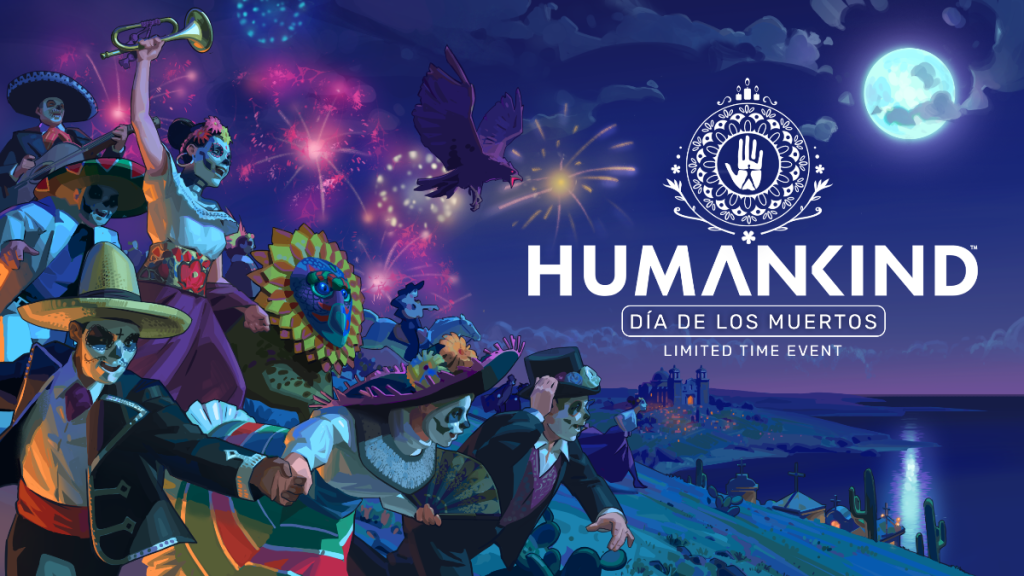 Em pôster promocional de Humankind, - Dia de los Muertos, temos os personagens do jogo caracterizados como caveiras usando roupas coloridas.