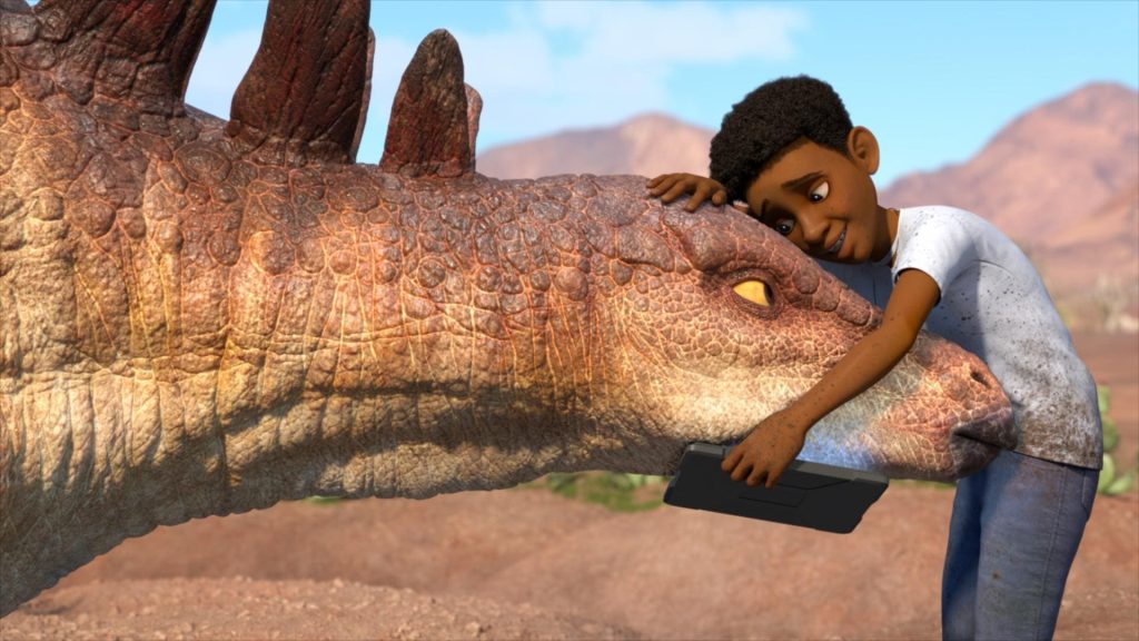 Animação - Menino negro abraçando dinossauro 
