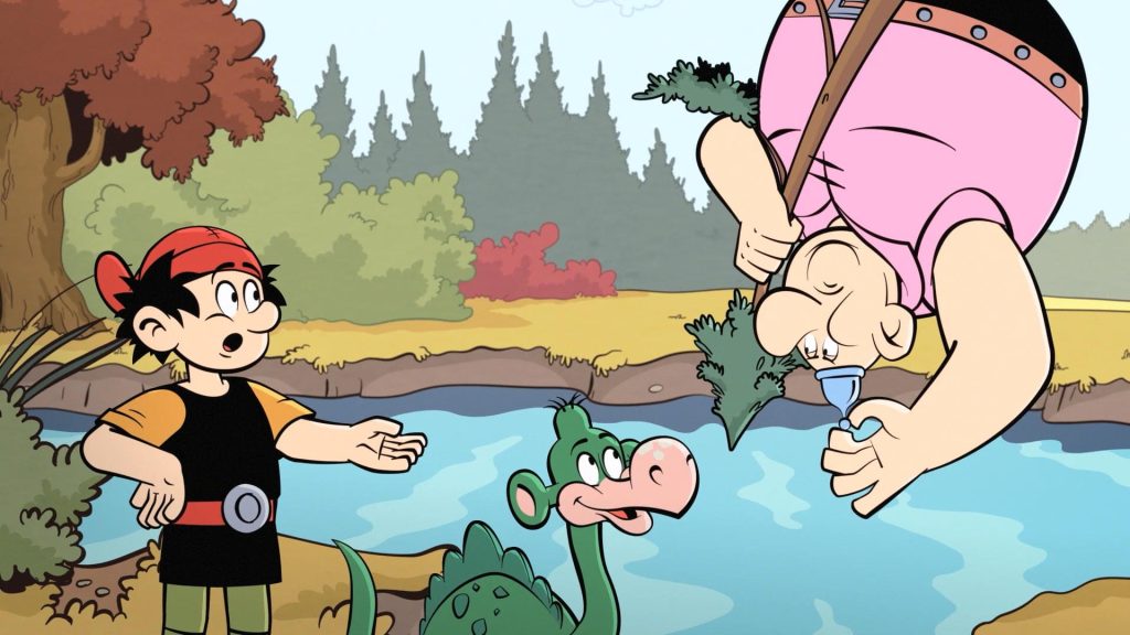 Animação - um lago com arvores em volta, um homem de badana vermelha e blusa preta no chão, um mini dinossauro verde à sua frete e um homem gordo pendurado de cabeça para baixo