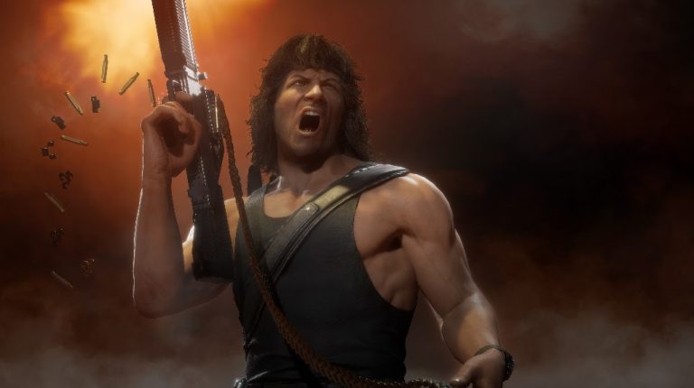 Um homem musculoso estilo Rambo com uma metralhadora atirando para cima