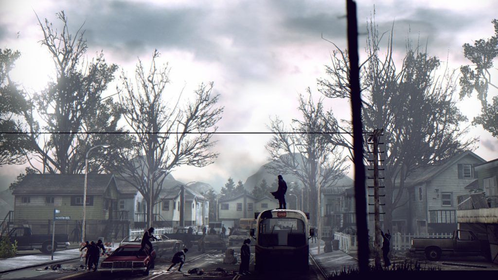 Imagem do jogo side scrolling Deadlight mostra o protagonista em cima de um ônibus abandonado, rodeado por zumbis. Otageek