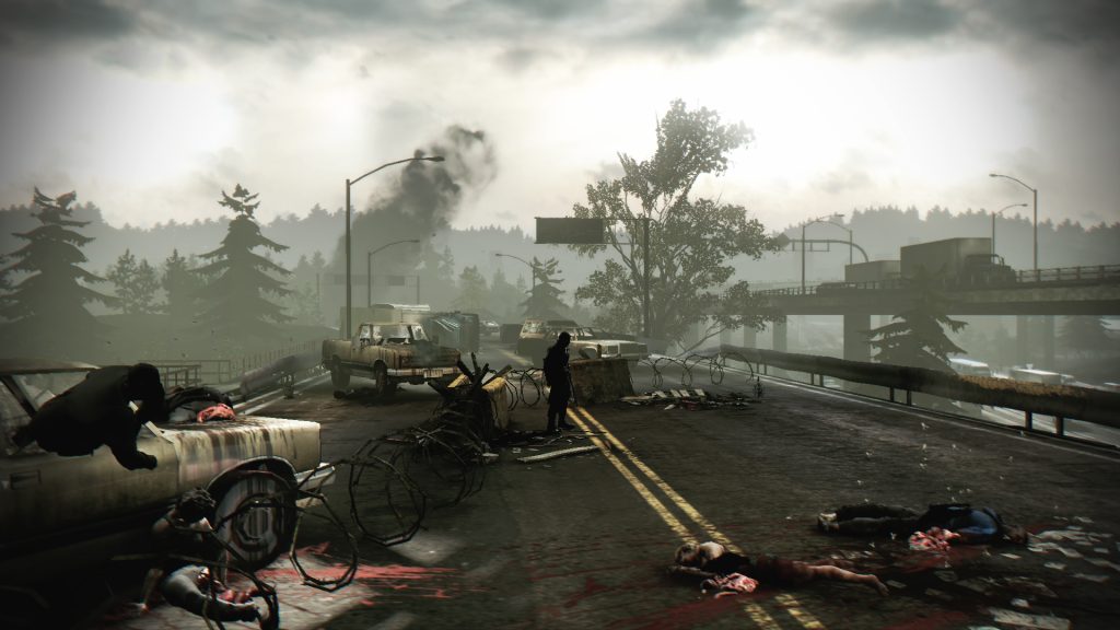 Imagem do jogo side scrolling Deadlight mostra o protagonista em um viaduto repleto de carros abandonados. Otageek