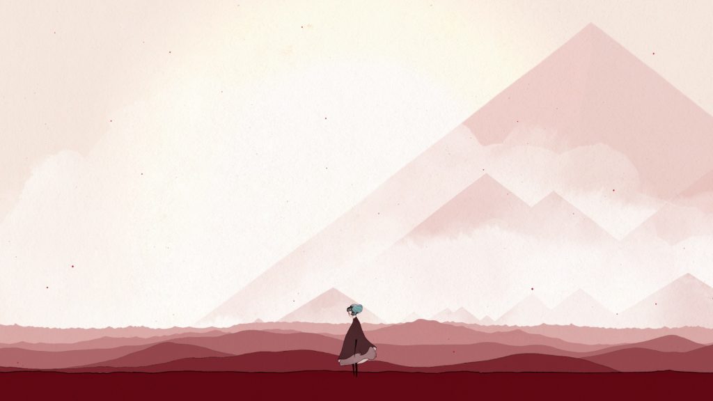 Gris, a protagonista do side scrolling homônimo, caminha no deserto com várias pirâmides ao fundo. Otageek 