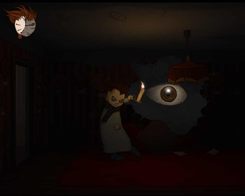 Imagem do protagonista do jogo side scrolling Knock-knock no escuro, segurando uma vela. No canto superior esquerdo, o relógio do jogo, que tem o formato de sua cara. Ao fundo, um olho gigante o observa. Otageek