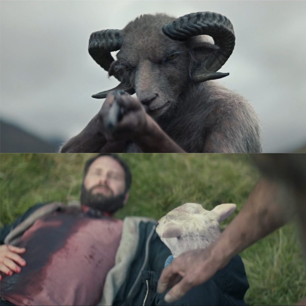A criatura híbrida de humano e carneiro aponta a espingarda para Ingvar (acima) e abaixo, Ingvar agoniza enquanto a criatura pega Ada, sua filha, pela mão.