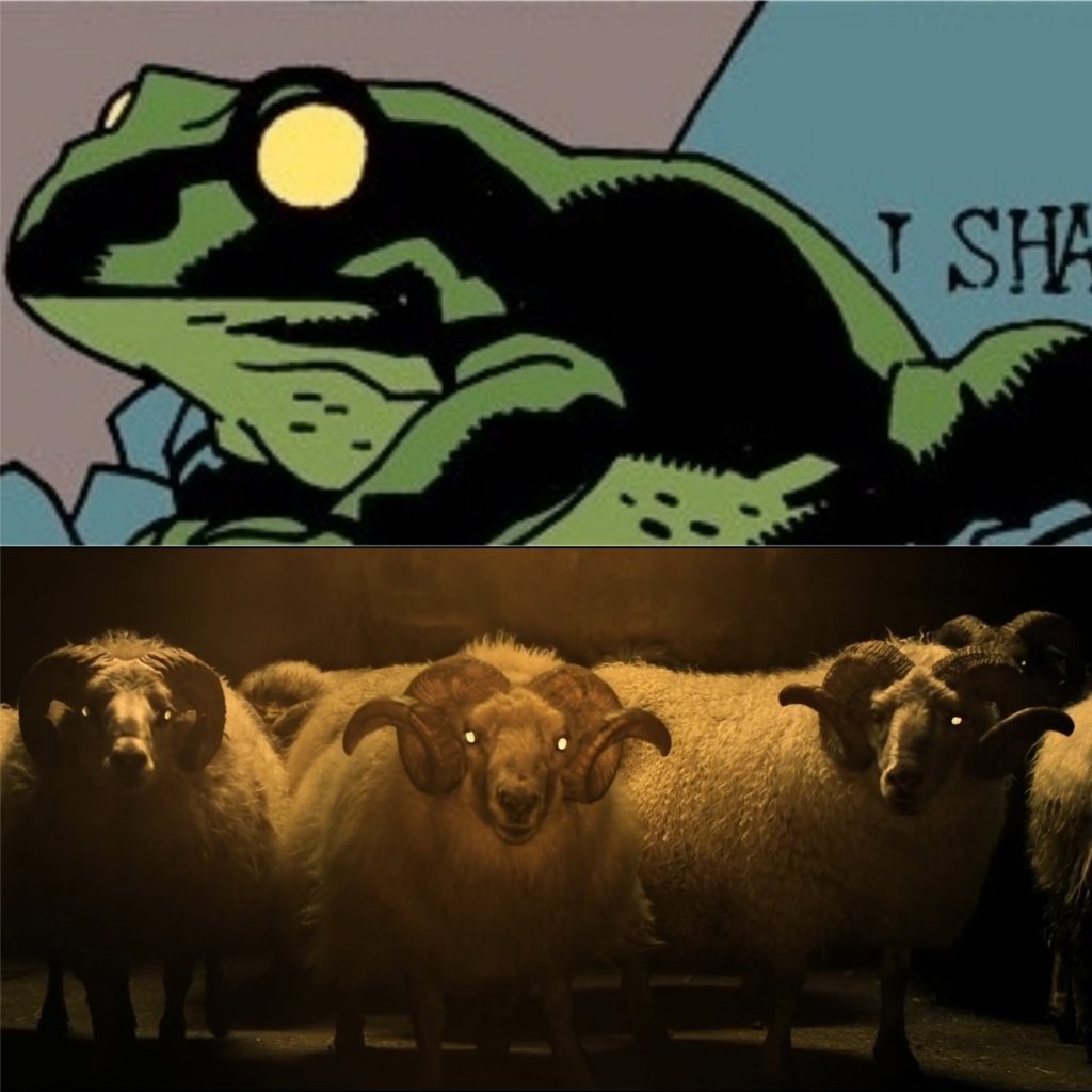 Acima, um sapo no traço de Mike Mignolla, no quadrinho de Hellboy. Abaixo, um grupo de carneiros olha para o espectador com os olhos brilhantes, no pesadelo de Maria.