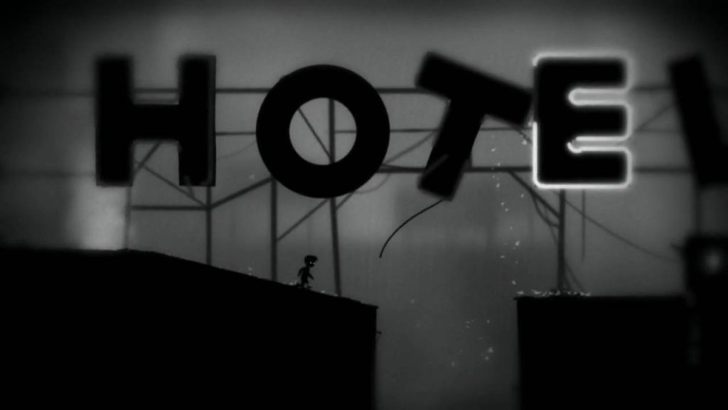 O personagem protagonista do game side scrolling Limbo corre para saltar uma plataforma, com um letreiro de neon escrito hotel ao fundo. Otageek.