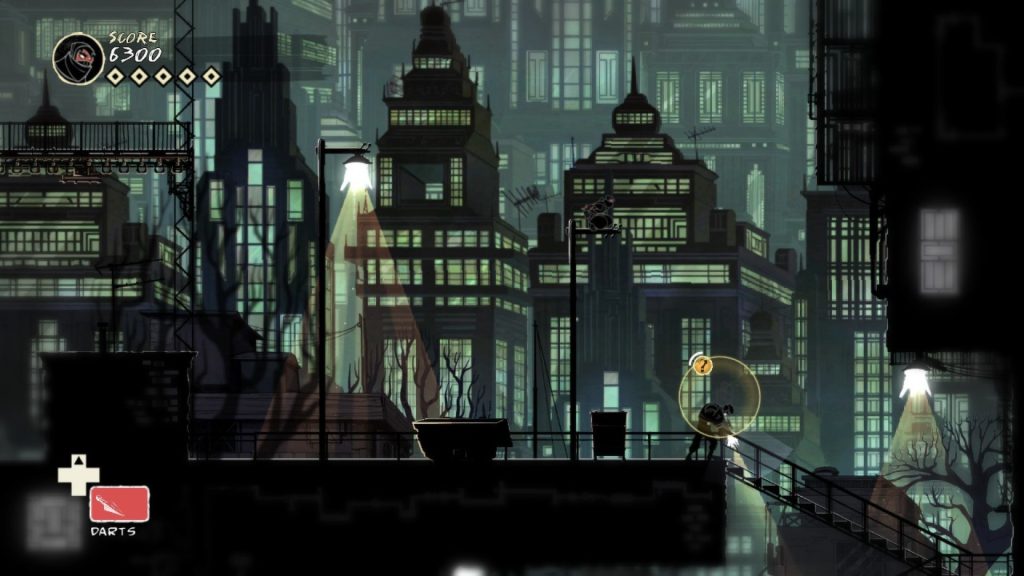 Imagem do jogo side scrolling Mark of the Ninja mostra o protagonista na ciadade à noite. Otageek