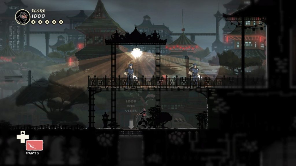 Imagem do jogo side scrolling Mark of the Ninja mostra o protagonista em um Templo japonês à noite. Otageek