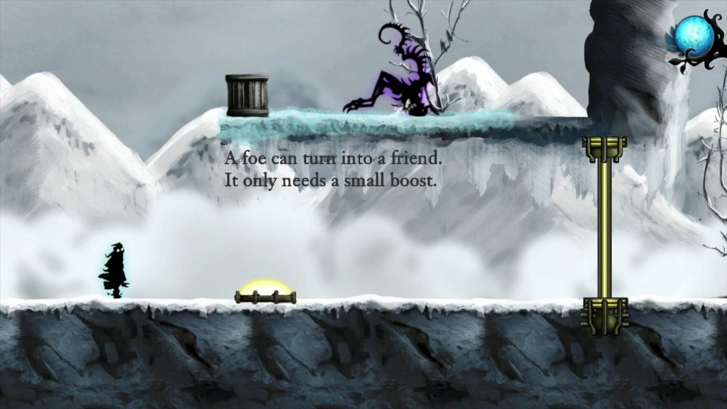 Imagem do jogo side scrolling Nihilumbra mostra o protagonista se deparando com uma das criaturas do Vazio. Otageek
