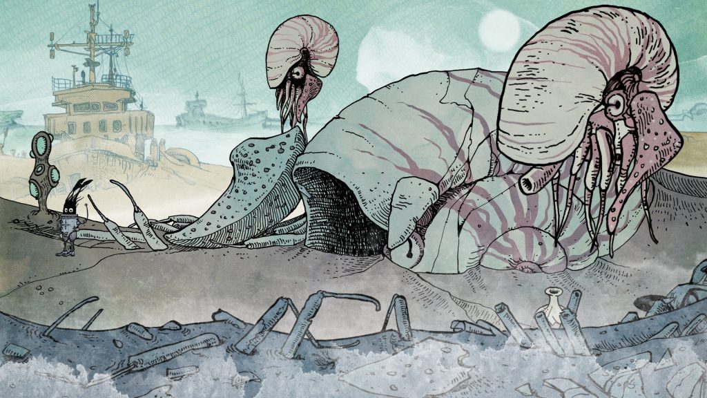 O protagonista de Slice of Sea próximo a um caramujo gigante que flutua perto de uma concha gigante vazia. Otageek