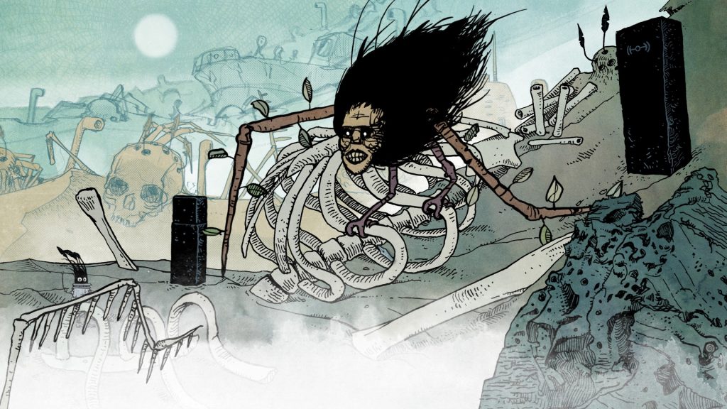 O protagonista de Slice of Sea próximo a um monstro com rosto humano, um corpo coberto de cabelos pretos, galhos secos no lugar de asas e duas pernas de ave. Otageek