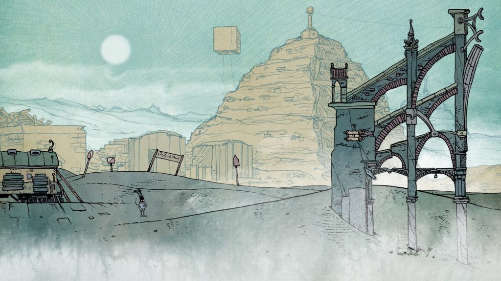 O protagonista de Slice of Sea próximo a um portal, na estranha paisagem do game. Ao fundo, algo próximo a uma pirâmide e um cubo gigante flutua mais ao fundo. Otageek