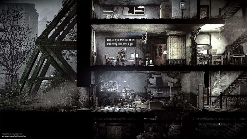 Imagem do jogo side scrolling This War of Mine mostrando uma das casas abandonadas vista por dentro, muito semelhante à Knock-knock e Deadlight - Otageek