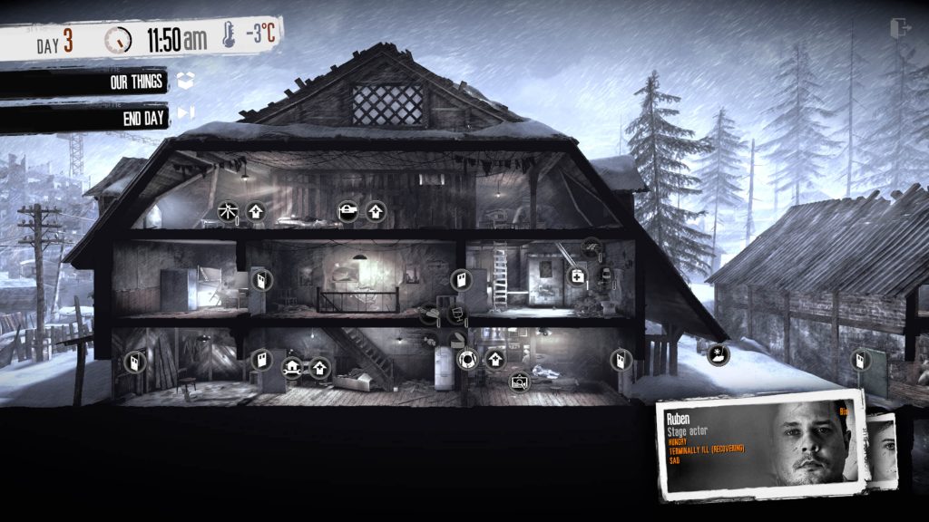 Imagem do jogo side scrolling This War of Mine mostrando uma das casas abandonadas vista por dentro.