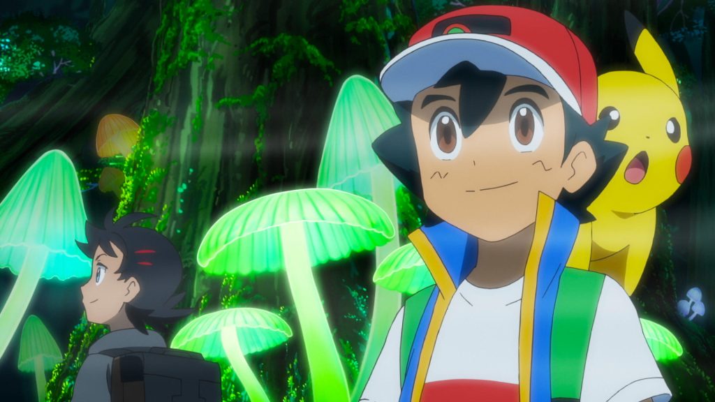 Série Grandes Jornadas Pokémon da direita para a esquerda Goh, Ash e Picachu no episodio 7 da primeira temporada Otageek